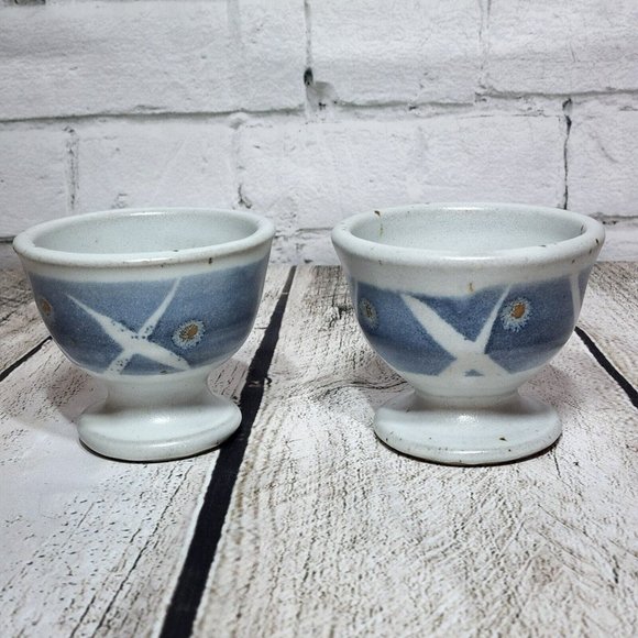 2 Signed Art Pottery Stoneware Pedestal Mugs - Picture 2 of 5